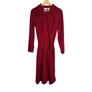 Vintage 70s Sears Burgundy Button Front Midi Dress | Disco Collar | Belted |Sz18